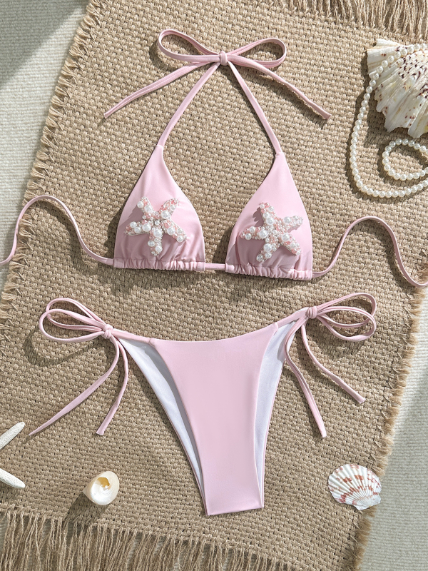 Ženski halterneck bikini s dekoracijom od morskih zvijezda i bisera, otvoren leđa, najlon s podstavom Spandex 80/20, 122 g