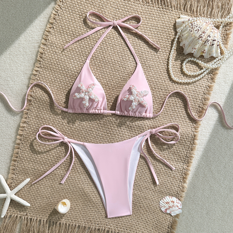 Ženski halterneck bikini s dekoracijom od morskih zvijezda i bisera, otvoren leđa, najlon s podstavom Spandex 80/20, 122 g