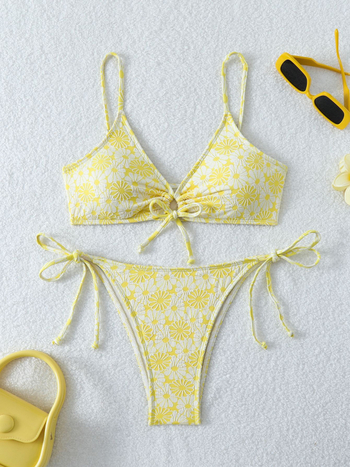 Dvodijelni bikini s floralnim uzorkom, otvorenim leđima, s umetnutim jastučićima za poprsje, poliester materijal