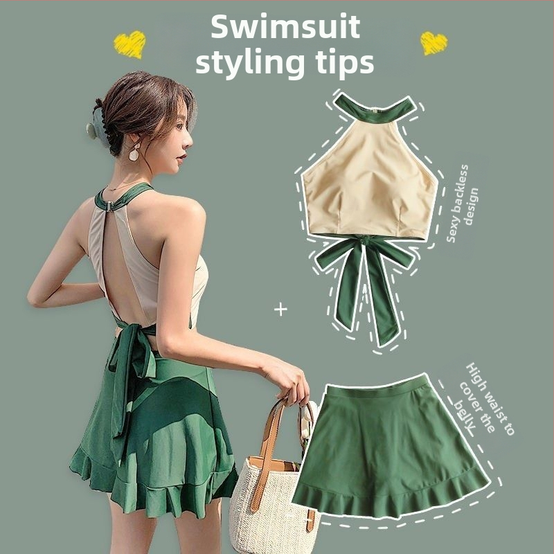 Ženski dvodijelni kupaći kostim u stilu haljine, halter vrat, jastučić za prsni koš, nylon/poliester materijal