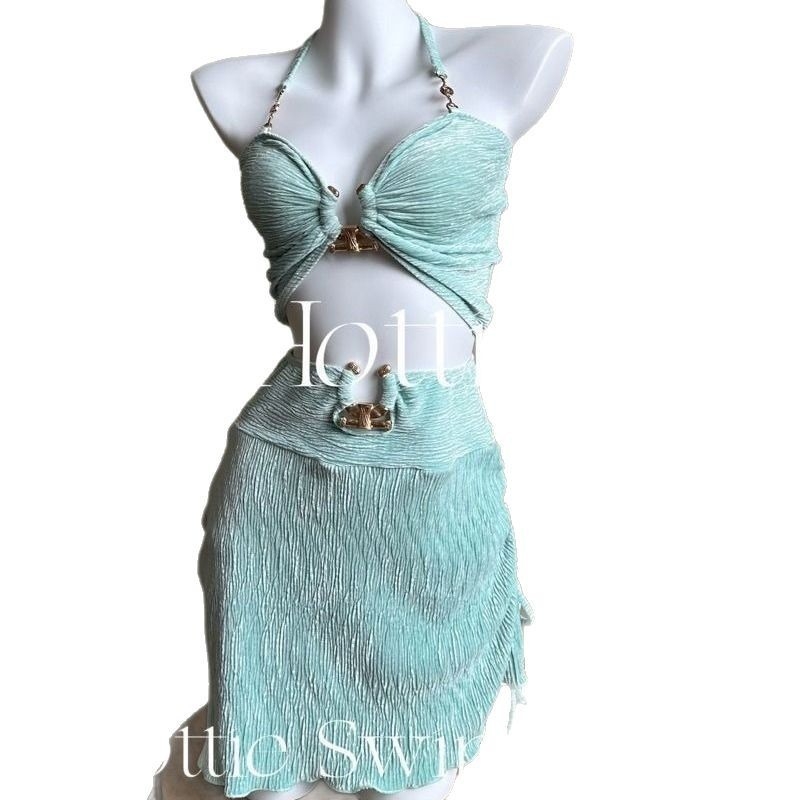 Costum de baie split, set de trei piese, cu bureți la bust, fără bretele, culoare uni, material nylon, căptușeală poliester-elastan