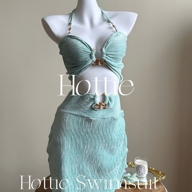 Costum de baie split, set de trei piese, cu bureți la bust, fără bretele, culoare uni, material nylon, căptușeală poliester-elastan