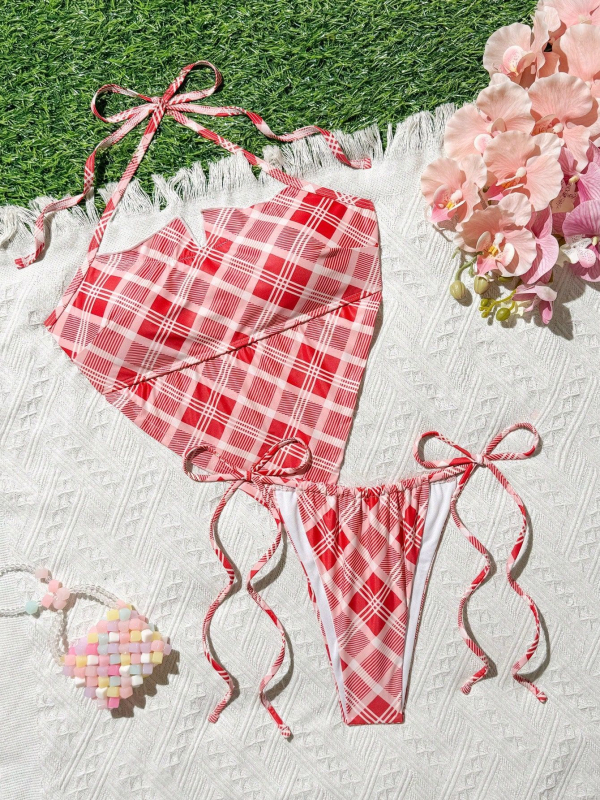 Damski bikini s halterom i push-upom, dvodijelni set, stražnji dio bez naramenica, trokut hlače, mrežasti uzorak, jastučić za dojke, tkanina 82% poliester / 18% spandex, podstava spandex