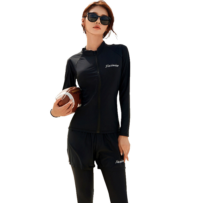 Set cuplu de costum pentru scufundări și snorkel — costum feminin cu mânecă lungă, în două părți, protecție solară, nailon cu uscare rapidă, talie înaltă; costum masculin protecție împotriva meduzelor cu pernă pentru piept și suport din oțel