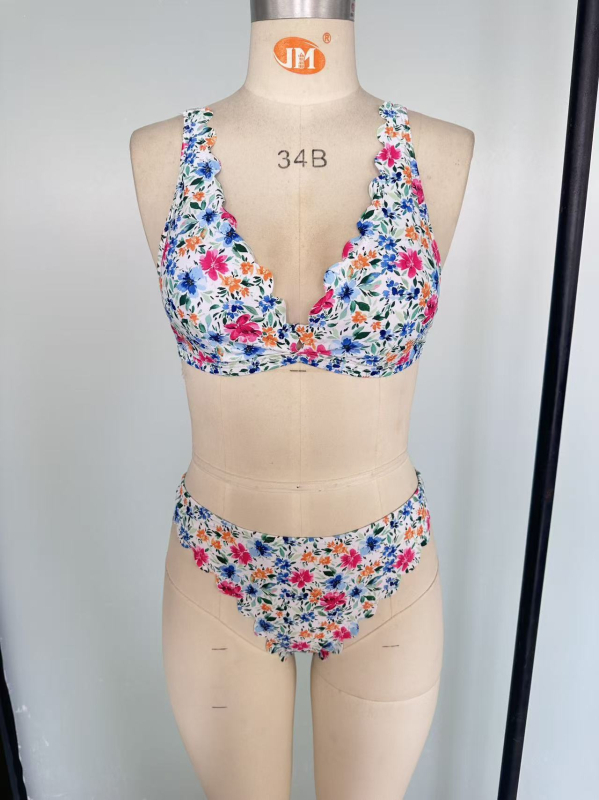 Ženski dvodijelni kupaći kostim s malim cvjetnim uzorkom, uski kroj, sportski stil, čipkasti detalji