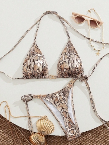 Nova ženska bikini dvodijelni set s uzorkom zmije i zlatom folijom na posebnoj tkanini, trokutasti gornji dio, bez leđa