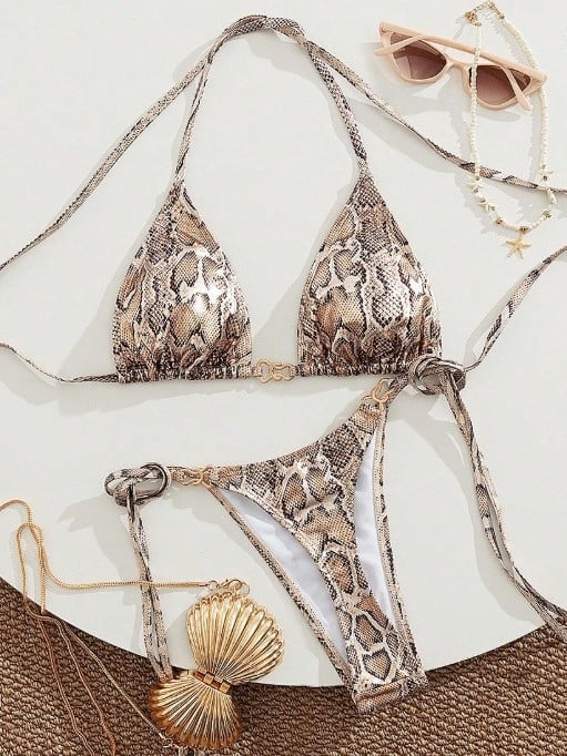 Nova ženska bikini dvodijelni set s uzorkom zmije i zlatom folijom na posebnoj tkanini, trokutasti gornji dio, bez leđa