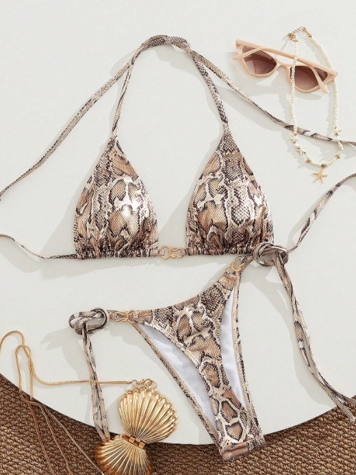 Nova ženska bikini dvodijelni set s uzorkom zmije i zlatom folijom na posebnoj tkanini, trokutasti gornji dio, bez leđa