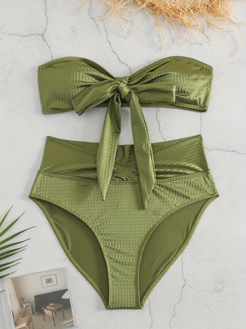 Costum de baie din două piese, talie înaltă, push-up, fără spate, cu burete în bust