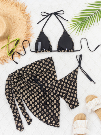 Set de baie din trei piese, imprimeu floral, top triunghiular și fustă de acoperire, poliester 82%, bureți pentru sâni, fără cadre metalice, potrivit pentru înot