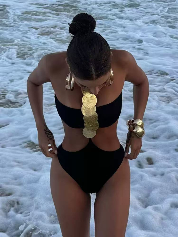 Ženski seksi bikini s otvorenim leđima i umetkom za grudi, bez rukava, stil bikini, vanjski materijal 95% poliester, podstava 5% elastan