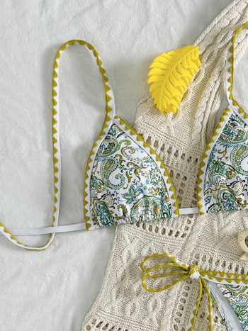 Ženski bikini set s cvjetnim printom i trakama, bez rukava, s umetkom za grudi, elastan-poliester materijal
