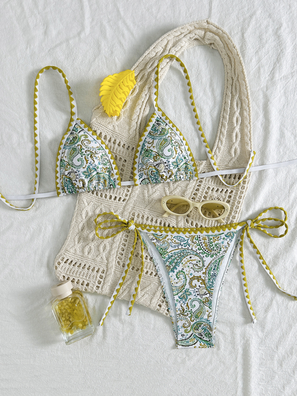 Ženski bikini set s cvjetnim printom i trakama, bez rukava, s umetkom za grudi, elastan-poliester materijal