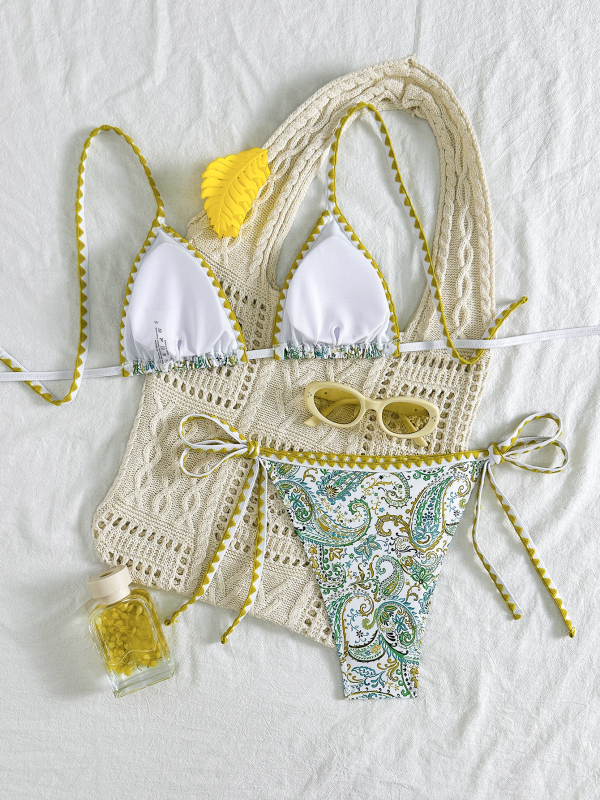 Ženski bikini set s cvjetnim printom i trakama, bez rukava, s umetkom za grudi, elastan-poliester materijal