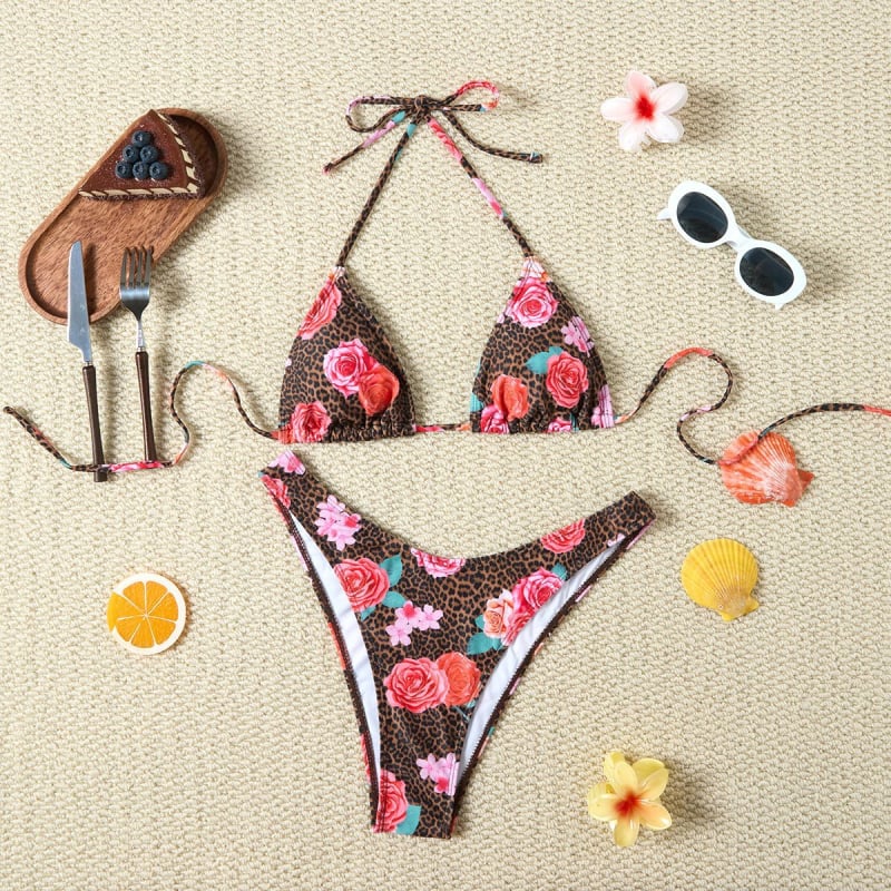 Ženski split bikini s trakama, cvjetni uzorak, visoka elastičnost, jastučić za prsa, materijal: poliester 85%/spandeks 15%