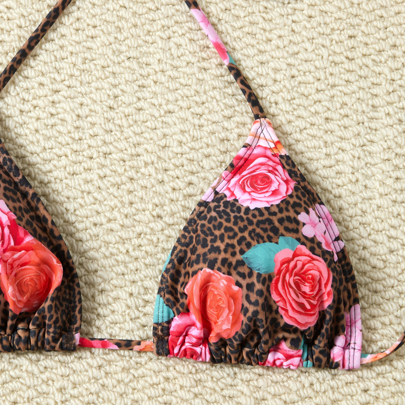 Ženski split bikini s trakama, cvjetni uzorak, visoka elastičnost, jastučić za prsa, materijal: poliester 85%/spandeks 15%