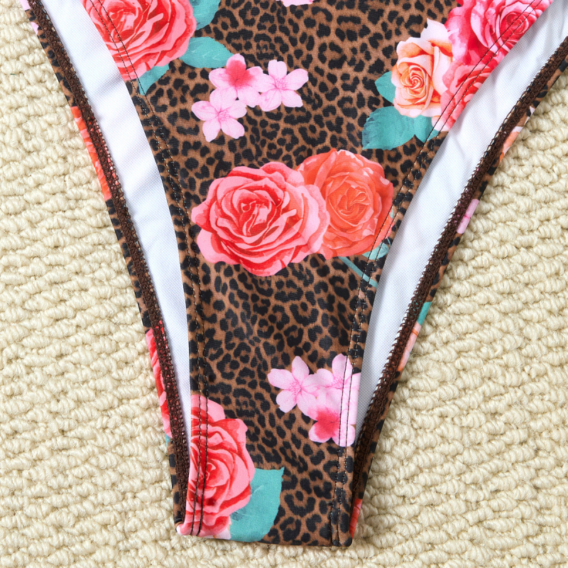 Ženski split bikini s trakama, cvjetni uzorak, visoka elastičnost, jastučić za prsa, materijal: poliester 85%/spandeks 15%