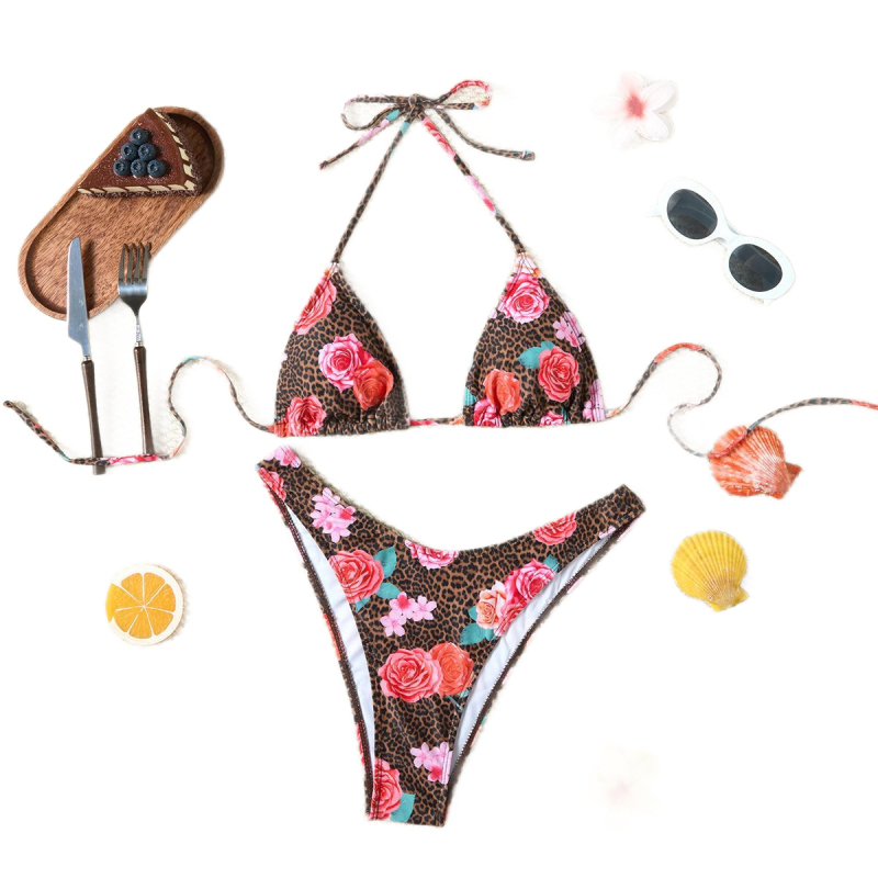 Ženski split bikini s trakama, cvjetni uzorak, visoka elastičnost, jastučić za prsa, materijal: poliester 85%/spandeks 15%