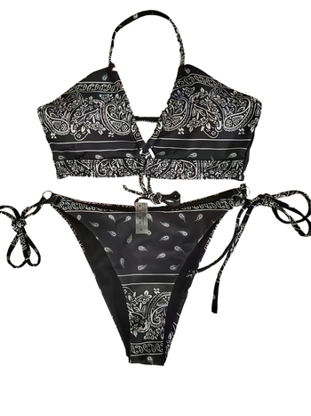 Ženski dvodjelni bikini - seksi otisak, otvorena leđa, visoka elastičnost, poliester 82% / elastan 18%, jastučići za prsa, podstava od poliestera