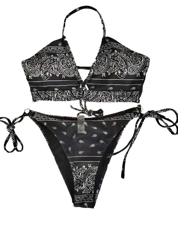 Ženski dvodjelni bikini - seksi otisak, otvorena leđa, visoka elastičnost, poliester 82% / elastan 18%, jastučići za prsa, podstava od poliestera