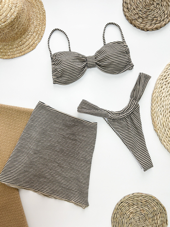 Trodijelni bikini set s prugastim uzorkom, visoka elastičnost, punjeni gornji dio, za odrasle žene