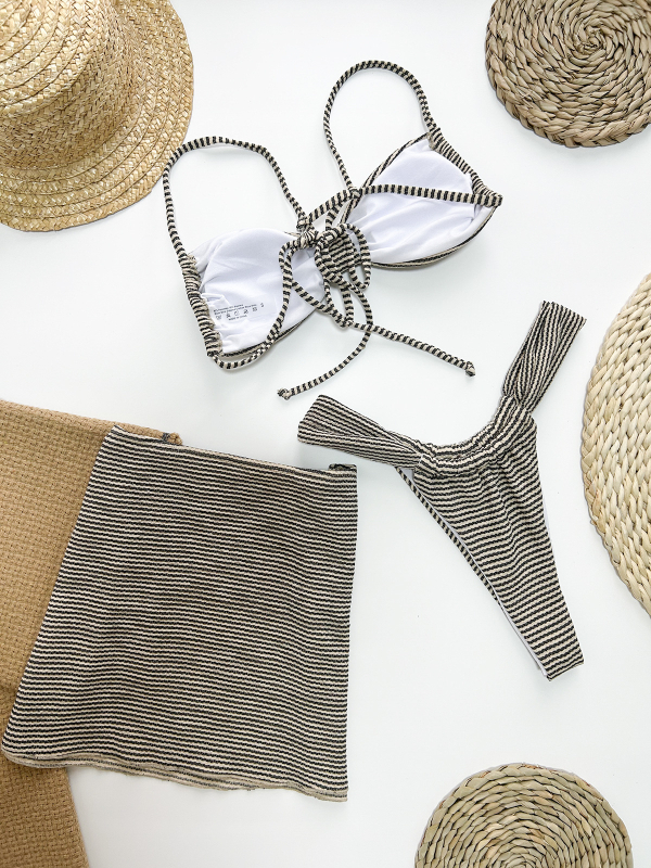 Trodijelni bikini set s prugastim uzorkom, visoka elastičnost, punjeni gornji dio, za odrasle žene
