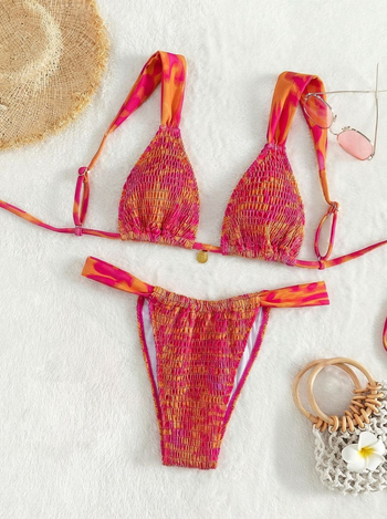 Ženski bikini set s cvjetnim uzorkom, leđa bez naramenica, vrh s vezicama, napunjene košarice, poliester