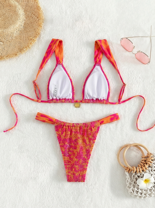 Ženski bikini set s cvjetnim uzorkom, leđa bez naramenica, vrh s vezicama, napunjene košarice, poliester