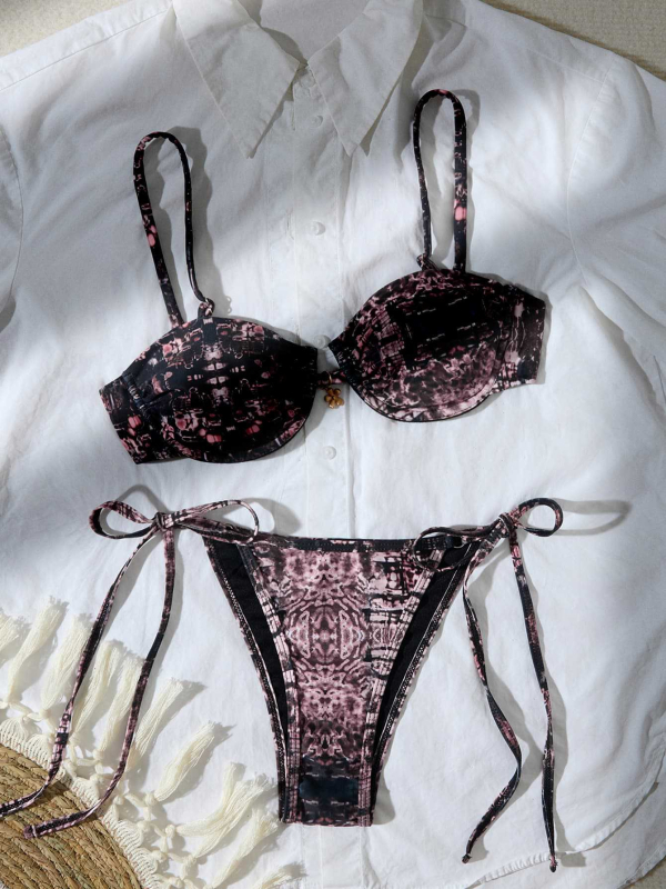 Costum de baie bikini cu două piese, imprimeu frânghie, imprimare de înaltă calitate, fără spate, cu burete pentru bust, poliester cu căptușeală din spandex