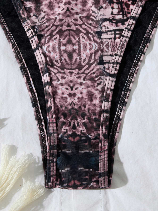 Costum de baie bikini cu două piese, imprimeu frânghie, imprimare de înaltă calitate, fără spate, cu burete pentru bust, poliester cu căptușeală din spandex