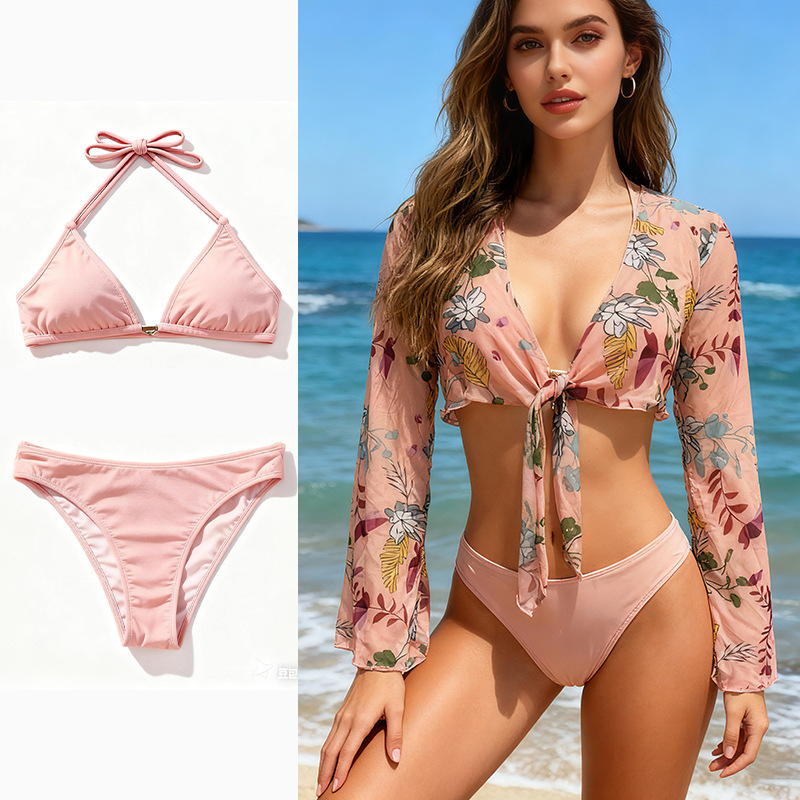 Seksi bikini kupaći kostim za žene, trodjelni set s blucom, bez leđa, jastučić za dekolé, poliester 82%, podstava Spandex 18%, težina 250 g