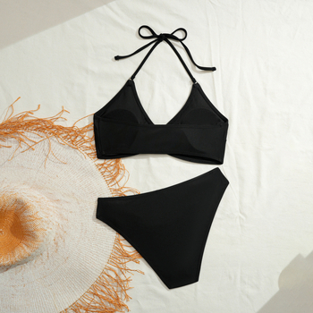 Costum de baie pentru femei, talie înaltă, culoare solidă, croială strânsă, cu burete în zona bustului; material: nailon; căptușeală: nailon cu 20% spandex; greutate 145 g; potrivit pentru înot.