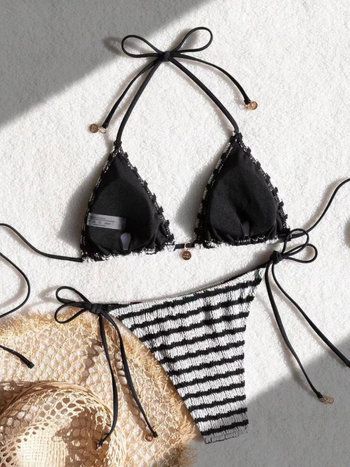 Costum de baie bikini, în dungi, fără bretele, decupat în spate, poliester