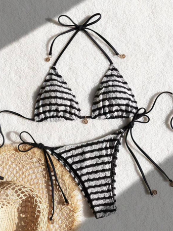 Costum de baie bikini, în dungi, fără bretele, decupat în spate, poliester