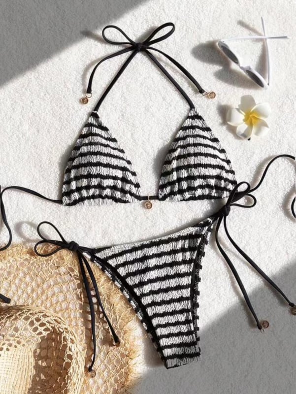 Costum de baie bikini, în dungi, fără bretele, decupat în spate, poliester