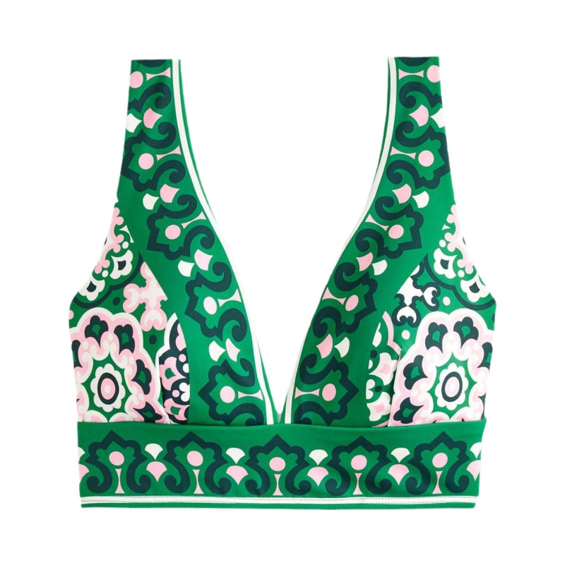 Kétrészes magas derekú bikini, párnázott felső, poliészter 82% / bélés 18%, mintázat: magas derekú, kissé friss