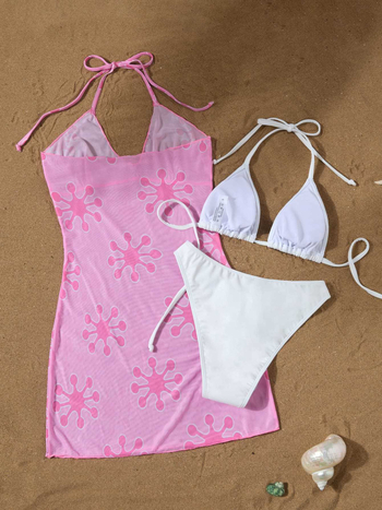 Ženski bikini set od tri dijela sa cover-upom: uski, bez leđa, izdržljiv; materijal poliester 82%, podstava 18% elastan; težina 250 g; čelična potpora i jastučić za prsa