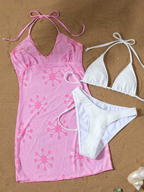 Ženski bikini set od tri dijela sa cover-upom: uski, bez leđa, izdržljiv; materijal poliester 82%, podstava 18% elastan; težina 250 g; čelična potpora i jastučić za prsa