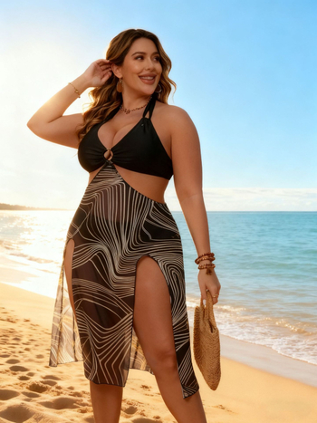 Costum de baie trei piese, imprimeu sexy, cu padding la bust, material nylon, uscare rapidă