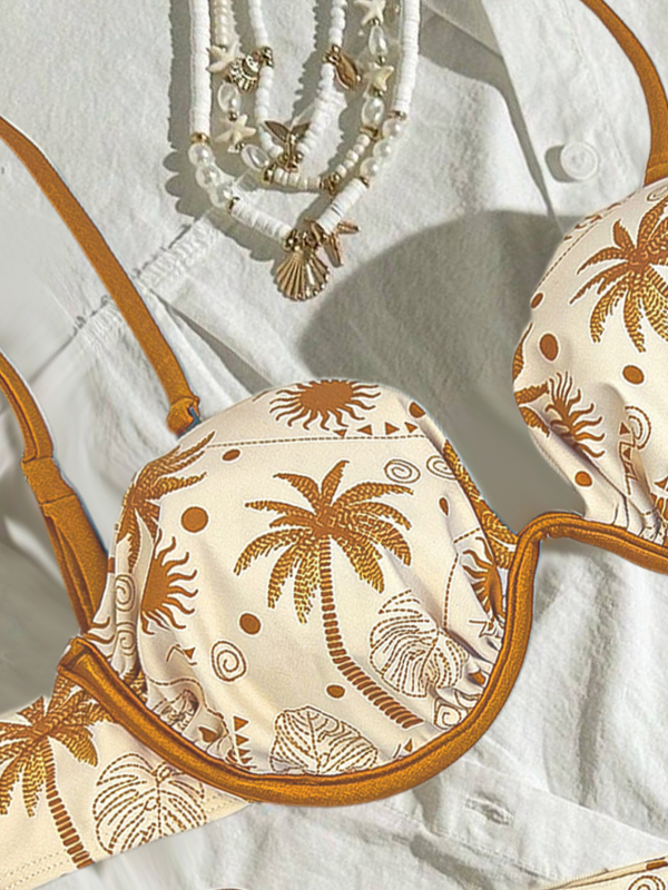 Dvodijelni bikini s printom raskopanih cvjetova, metalna potpora u prstenu i ugrađeni jastučići za grudi, špage trake