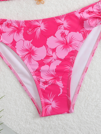 Bikiny s kvetinovým motívom, halterneck s viazaním, bez chrbta, s vysokou elasticitou, polyester-spandex materiál (82% polyester, 18% spandex)