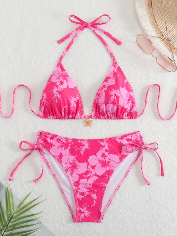 Bikiny s kvetinovým motívom, halterneck s viazaním, bez chrbta, s vysokou elasticitou, polyester-spandex materiál (82% polyester, 18% spandex)