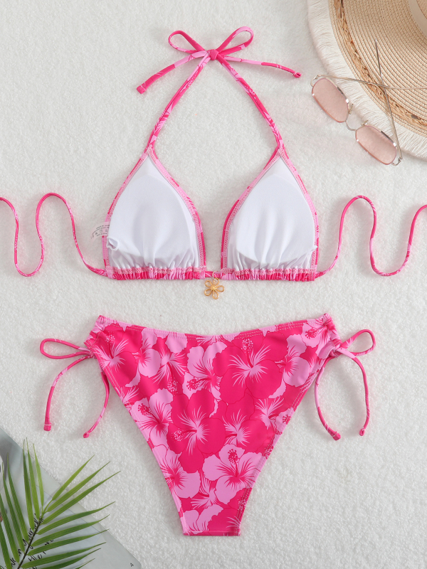 Bikiny s kvetinovým motívom, halterneck s viazaním, bez chrbta, s vysokou elasticitou, polyester-spandex materiál (82% polyester, 18% spandex)