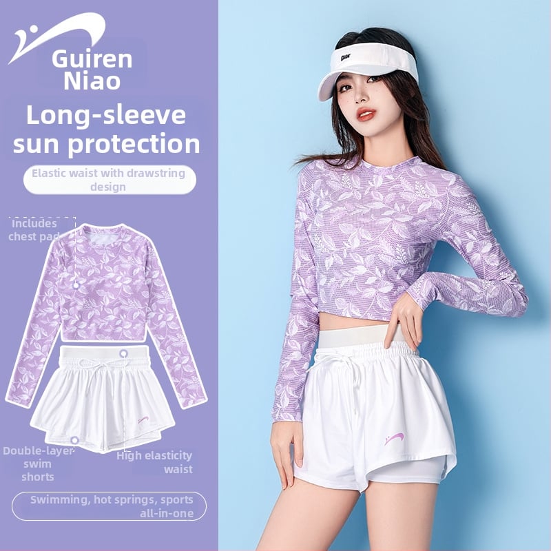 Ženski kupaći kostim sa suknjom i razdvojenim gornjim dijelom, umetci za dojke, cvjetni uzorak, najlon 85%, podstava poliester 100%, dugi rukavi