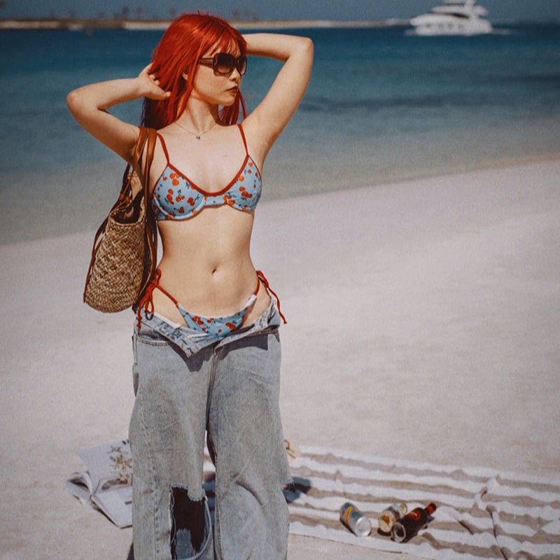 QM Costum de baie două piese, stil coreean, triunghi, cu inel metalic pentru susținere, imprimat, sexy și durabil; 82% poliester, căptușeală 5% spandex, 300 g