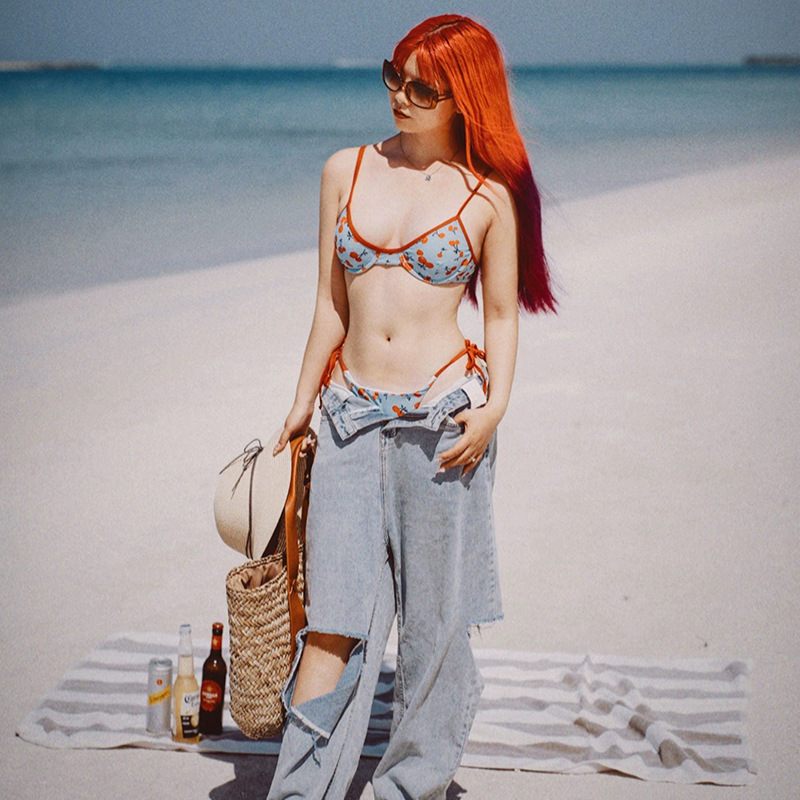 QM Costum de baie două piese, stil coreean, triunghi, cu inel metalic pentru susținere, imprimat, sexy și durabil; 82% poliester, căptușeală 5% spandex, 300 g