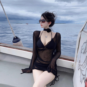 Dugački rukav bikini kupaći kostim, trodjelni set s mrežastom zaštitom od sunca, vezanje šnuralom, umetak za prsa, poliester