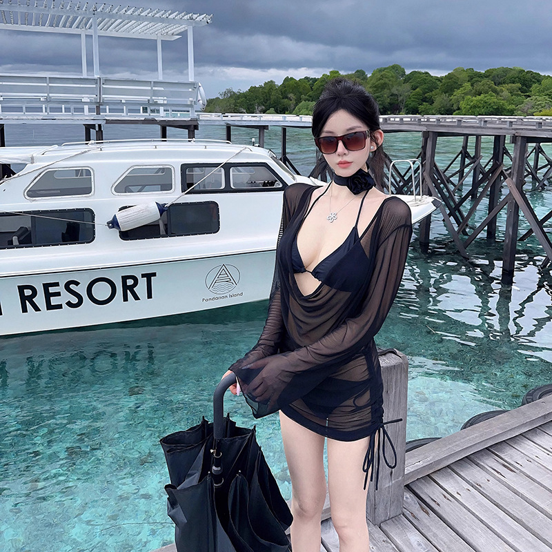 Dugački rukav bikini kupaći kostim, trodjelni set s mrežastom zaštitom od sunca, vezanje šnuralom, umetak za prsa, poliester