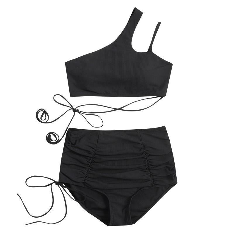 Ženski bikini kupaći s tube-top traka, visokim strukom za prekrivanje trbuha, jastučić za prsni bez čelične potpore, 80% poliester, jednobojni
