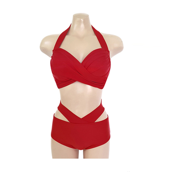 Push-up bikini s metalnom podrškom i jastučićem za prsni koš; visok struk za pokrivanje trbuha; tkanina: najlon/poliester s elastanom podstavom